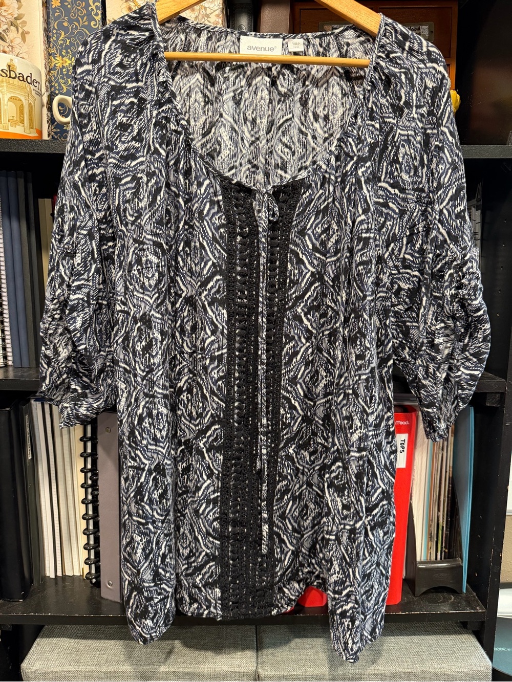 Avenue Black and White Geometric Crochet-Trim Tunic